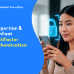Seorang wanita menggunakan smartphone dengan ikon gembok digital holografik, menggambarkan keamanan data dan perlindungan privasi.