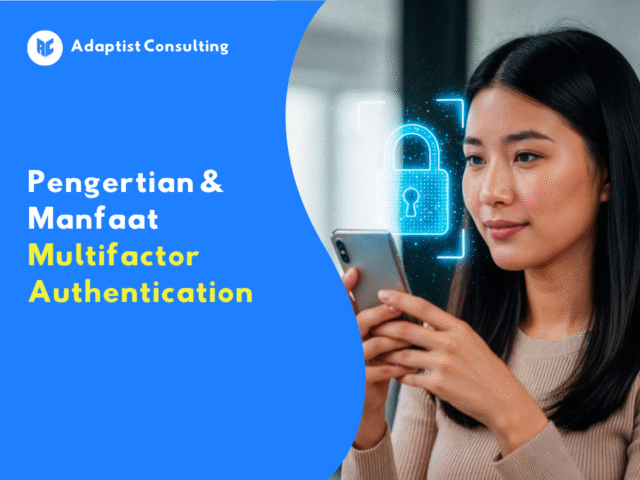 Seorang wanita menggunakan smartphone dengan ikon gembok digital holografik, menggambarkan keamanan data dan perlindungan privasi.