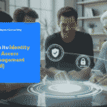 Sekelompok orang dari berbagai generasi duduk di meja bundar sambil berdiskusi, dengan ilustrasi digital tentang keamanan, akses, dan manajemen identitas muncul di atas meja.