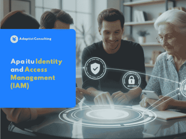 Sekelompok orang dari berbagai generasi duduk di meja bundar sambil berdiskusi, dengan ilustrasi digital tentang keamanan, akses, dan manajemen identitas muncul di atas meja.