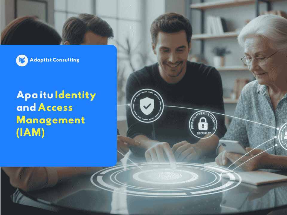 Sekelompok orang dari berbagai generasi duduk di meja bundar sambil berdiskusi, dengan ilustrasi digital tentang keamanan, akses, dan manajemen identitas muncul di atas meja.