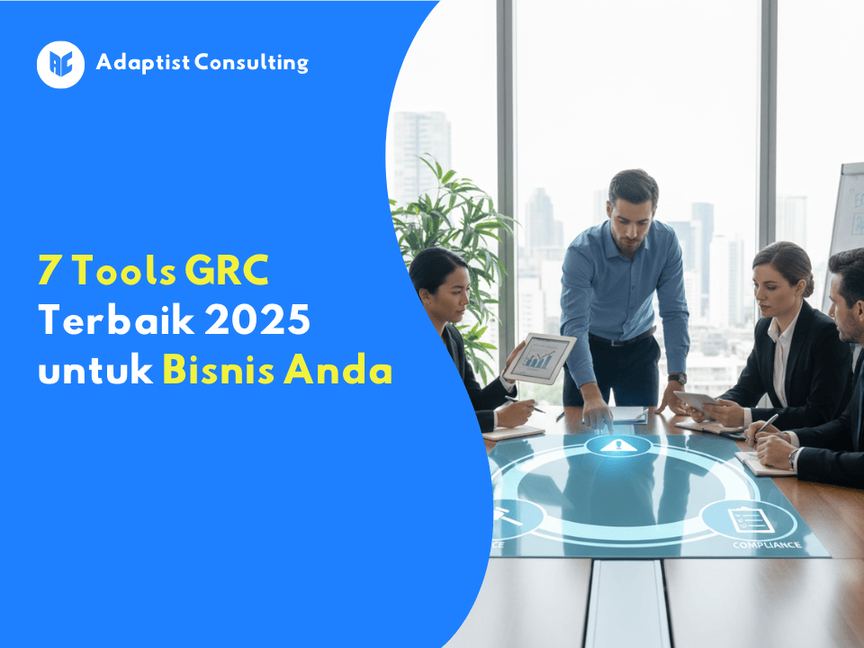 Tim profesional bisnis sedang berdiskusi di ruang rapat dengan tampilan digital interaktif di meja yang menampilkan konsep governance dan compliance.