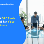 Business professionals discussing in a meeting room with an interactive digital display on the table showing governance and compliance concepts.