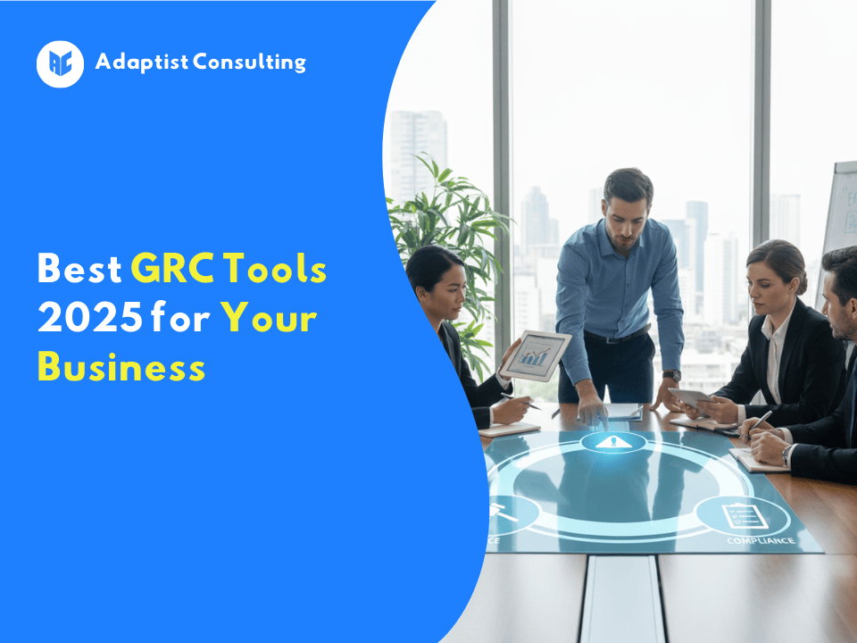 Business professionals discussing in a meeting room with an interactive digital display on the table showing governance and compliance concepts.