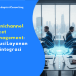 Tim profesional bekerja di kantor modern dengan komputer, mengenakan headset, sementara ilustrasi digital menampilkan data, komunikasi, dan konektivitas jaringan di layar virtual.