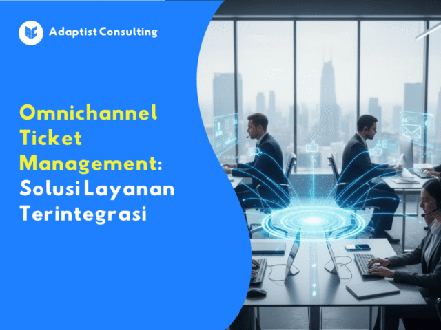 Tim profesional bekerja di kantor modern dengan komputer, mengenakan headset, sementara ilustrasi digital menampilkan data, komunikasi, dan konektivitas jaringan di layar virtual.