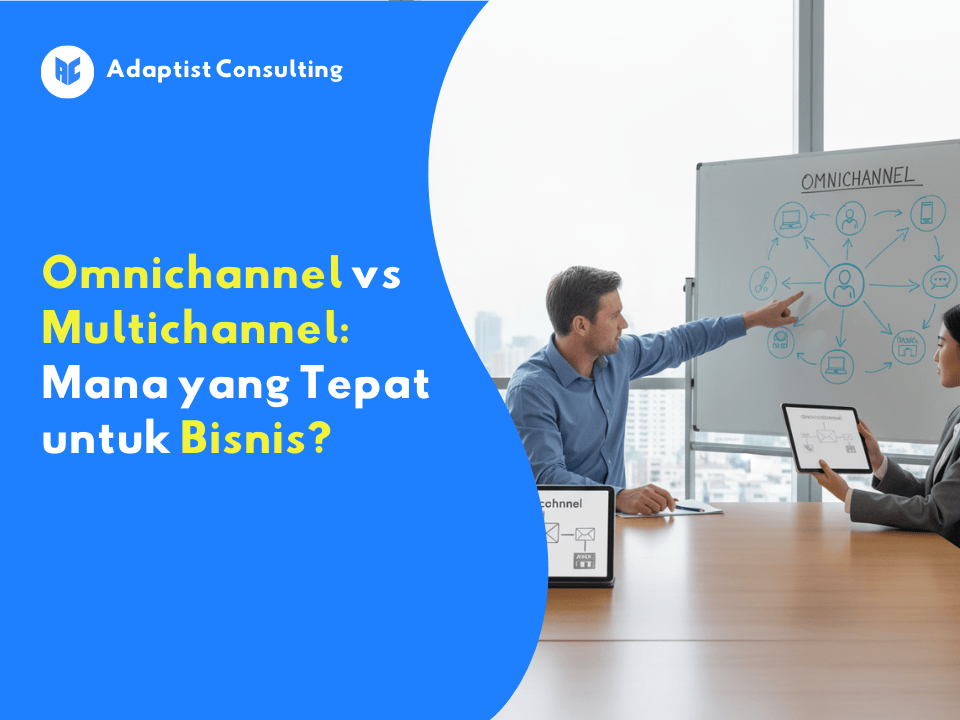 Tiga profesional bisnis sedang berdiskusi di ruang rapat, dengan papan tulis bertuliskan “Omnichannel” dan diagram alur, sementara tablet di meja menampilkan konsep multichannel.