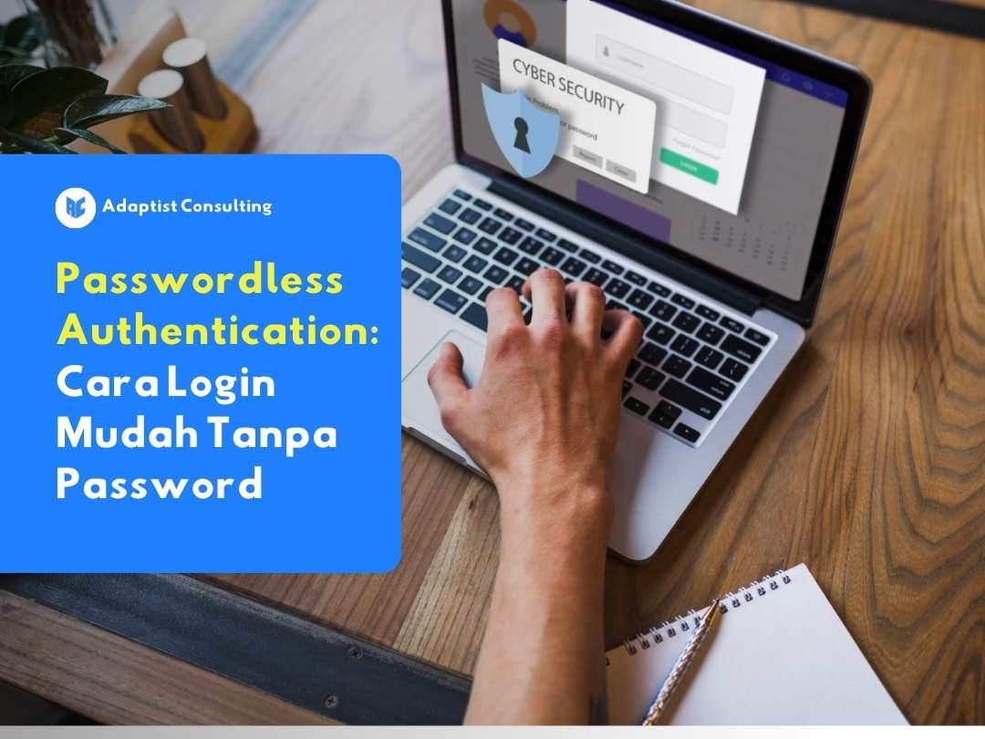 Seorang karyawan yang sedang login ke portal perusahaan menggunakan sensor sidik jari di laptopnya sebagai bentuk implementasi passwordless authentication yang aman dan praktis.