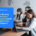 Ilustrasi auto-routing tiket dalam sistem ticketing enterprise yang mendistribusikan tiket otomatis ke tim support sesuai kategori dan prioritas.