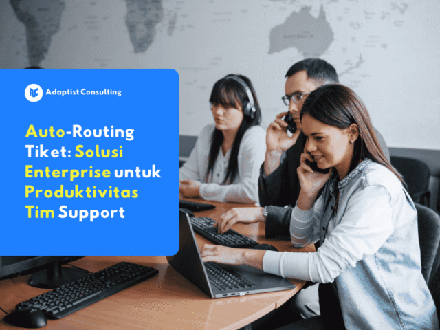 Ilustrasi auto-routing tiket dalam sistem ticketing enterprise yang mendistribusikan tiket otomatis ke tim support sesuai kategori dan prioritas.