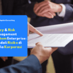 Tampilan dashboard terpusat sistem manajemen kebijakan dan risiko enterprise dengan data kepatuhan dan metrik risiko.