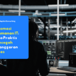 Ilustrasi dashboard Automasi Keamanan IT menampilkan aktivitas login dan notifikasi ancaman secara real time.