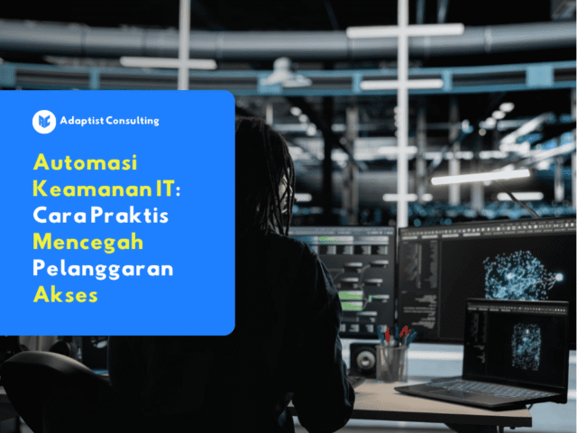 Ilustrasi dashboard Automasi Keamanan IT menampilkan aktivitas login dan notifikasi ancaman secara real time.