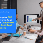 Dashboard of an Enterprise GRC Platform showing real-time audit and compliance reports