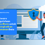 Tampilan dashboard software pengelolaan risiko bisnis Adaptist Privee menampilkan level risiko dan status keamanan data perusahaan.