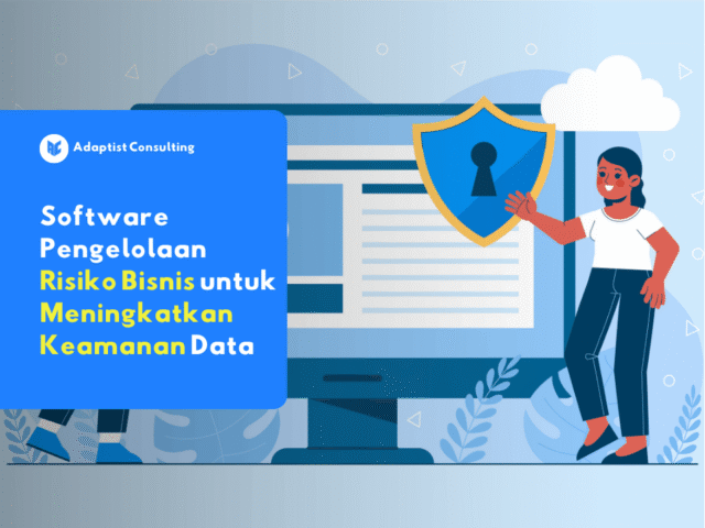 Tampilan dashboard software pengelolaan risiko bisnis Adaptist Privee menampilkan level risiko dan status keamanan data perusahaan.