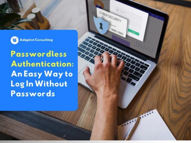 An employee logging into a company portal uses a fingerprint sensor on his laptop as a form of safe and practical implementation of passwordless authentication.