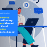 Illustration of the Adaptist Prose automated ticket routing dashboard showing automatic ticket distribution across multiple support teams.