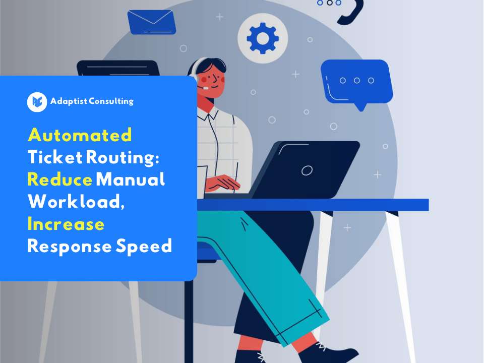Illustration of the Adaptist Prose automated ticket routing dashboard showing automatic ticket distribution across multiple support teams.