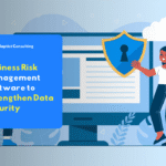 Adaptist Privee business risk management software dashboard displaying company risk levels and data security status.