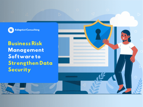 Adaptist Privee business risk management software dashboard displaying company risk levels and data security status.