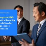 Digital illustration showing one key that connects various business applications (CRM, Cloud, Email) in a corporate environment.