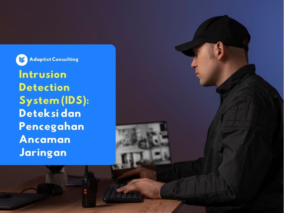Petugas keamanan profesional sedang memantau monitor CCTV di pusat operasi keamanan (SOC), mengilustrasikan fungsi monitoring aktif dan deteksi ancaman pada Intrusion Detection System (IDS).