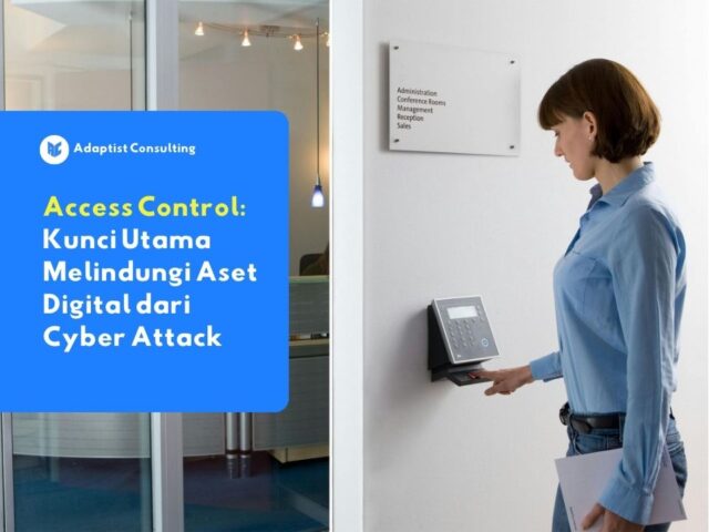 Seorang karyawan mengakses area terbatas menggunakan sistem kontrol akses berbasis biometrik.