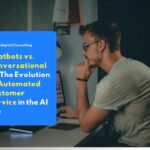 Pengguna yang sedang menganalisis arsitektur layanan pelanggan digital B2B melalui layar monitor, membandingkan performa respons sistem chatbot tradisional dan conversational AI.