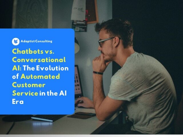Pengguna yang sedang menganalisis arsitektur layanan pelanggan digital B2B melalui layar monitor, membandingkan performa respons sistem chatbot tradisional dan conversational AI.