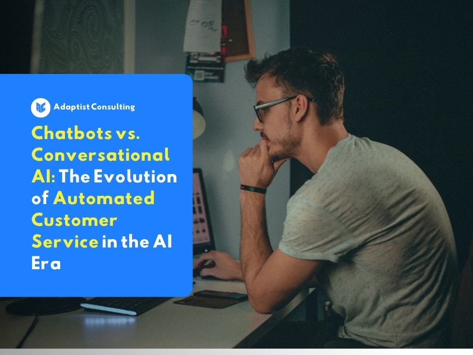 Pengguna yang sedang menganalisis arsitektur layanan pelanggan digital B2B melalui layar monitor, membandingkan performa respons sistem chatbot tradisional dan conversational AI.