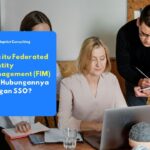 Karyawan yang sedang mengakses berbagai aplikasi bisnis eksternal secara aman menggunakan sistem Federated Identity Management (FIM) dan Single Sign-On (SSO) di lingkungan perusahaan