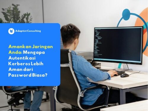 karyawan yang sedang mengakses sistem jaringan enterprise secara aman berkat perlindungan autentikasi Kerberos dan manajemen identitas terpusat.