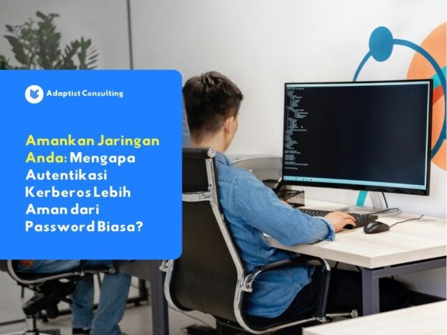 karyawan yang sedang mengakses sistem jaringan enterprise secara aman berkat perlindungan autentikasi Kerberos dan manajemen identitas terpusat.