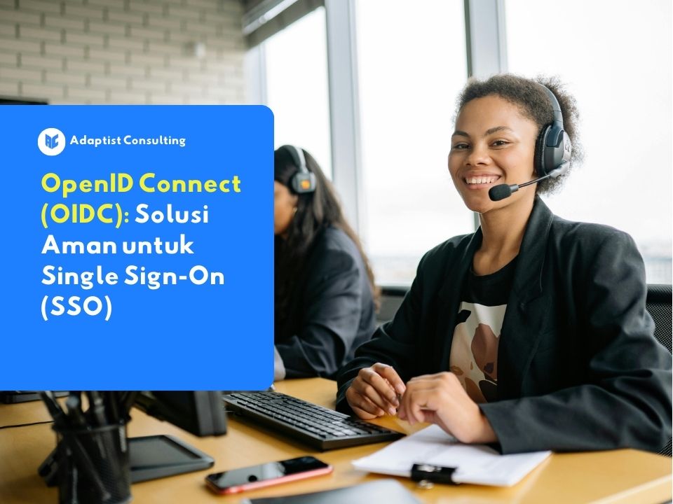 Seorang karyawan korporat sedang mengakses berbagai aplikasi bisnis secara aman menggunakan sistem Single Sign-On (SSO) berbasis protokol OpenID Connect (OIDC).