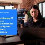 The IT security system illustration shows the user provisioning process and digital identity access management in an enterprise environment.