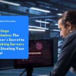 A person viewed from behind stands in front of computer monitors displaying a red 'SYSTEM HACKED' message. A large blue text overlay with the Adaptist Consulting logo in the corner, containing the article title: 'Privilege Escalation: The Hacker's Secret to Hijacking Servers and Stealing Your Data!