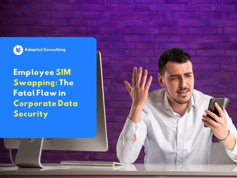 A frustrated male employee looking at his smartphone after losing cellular signal, illustrating an employee SIM swapping attack on corporate security.