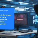 Serangan siber dengan layar monitor bertuliskan "System Hacked" di ruang server, menggambarkan ancaman keamanan identitas karyawan