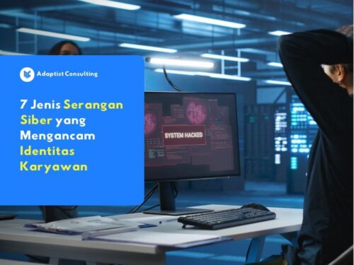 Serangan siber dengan layar monitor bertuliskan "System Hacked" di ruang server, menggambarkan ancaman keamanan identitas karyawan