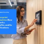 A female professional using a fingerprint biometrics access panel on a wall in a modern office environment.