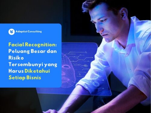 Seorang profesional berinteraksi dengan antarmuka teknologi digital holografik, menggambarkan penerapan facial recognition dalam keamanan identitas bisnis modern.