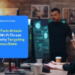 A hacker silently intercepts business network traffic through an Evil Twin Attack, monitoring victim activity across multiple screens in a dark workspace.