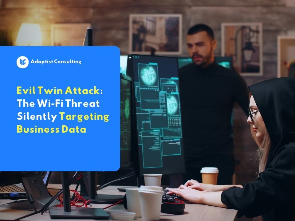A hacker silently intercepts business network traffic through an Evil Twin Attack, monitoring victim activity across multiple screens in a dark workspace.