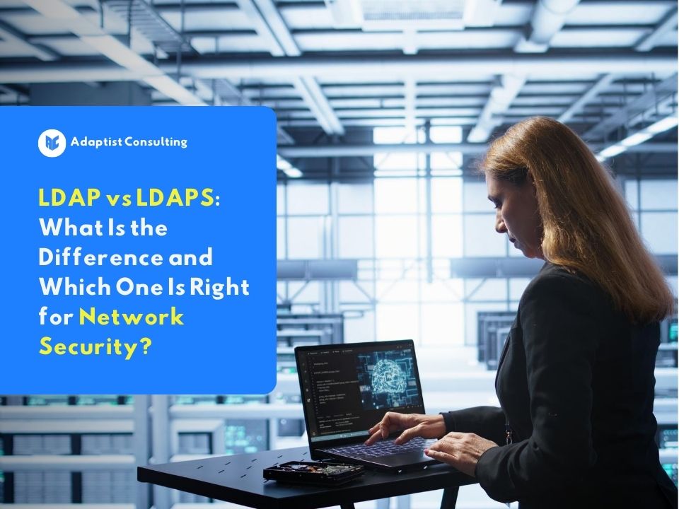 An IT professional configuring a directory authentication system in a server room, illustrating the importance of choosing between LDAP vs LDAPS for enterprise network security.
