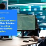 A Security Operations Center (SOC) analyst monitoring real-time cyber threats through multiple screens in a corporate IT security command room.