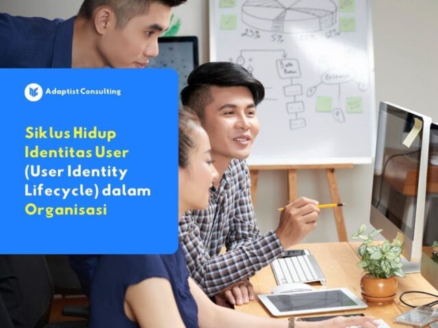 Siklus hidup identitas user (User Identity Lifecycle) di organisasi. Menampilkan kolaborasi tim dan diagram alur manajemen akses user di latar belakang.