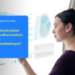 Seorang Karyawan Wanita memindai sidik jari biometrik pada antarmuka digital sebagai ilustrasi artikel perbedaan Authentication vs Authorization.