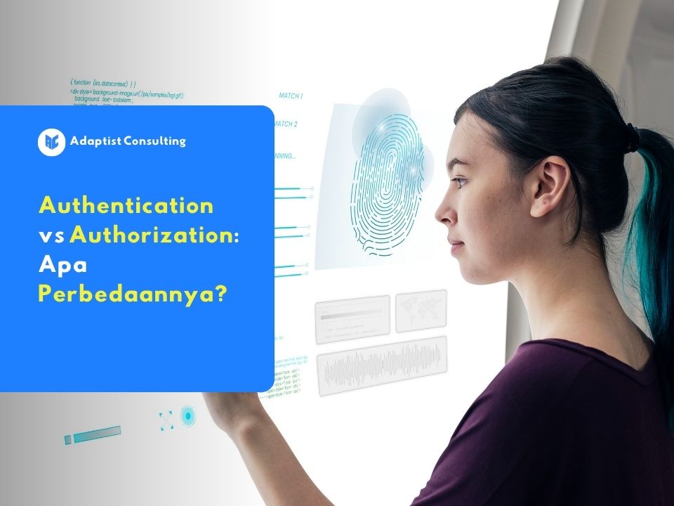 Seorang Karyawan Wanita memindai sidik jari biometrik pada antarmuka digital sebagai ilustrasi artikel perbedaan Authentication vs Authorization.