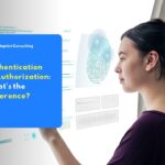 A Female Employeee scanning biometric fingerprint on a digital interface illustrating the difference between authentication vs authorization.